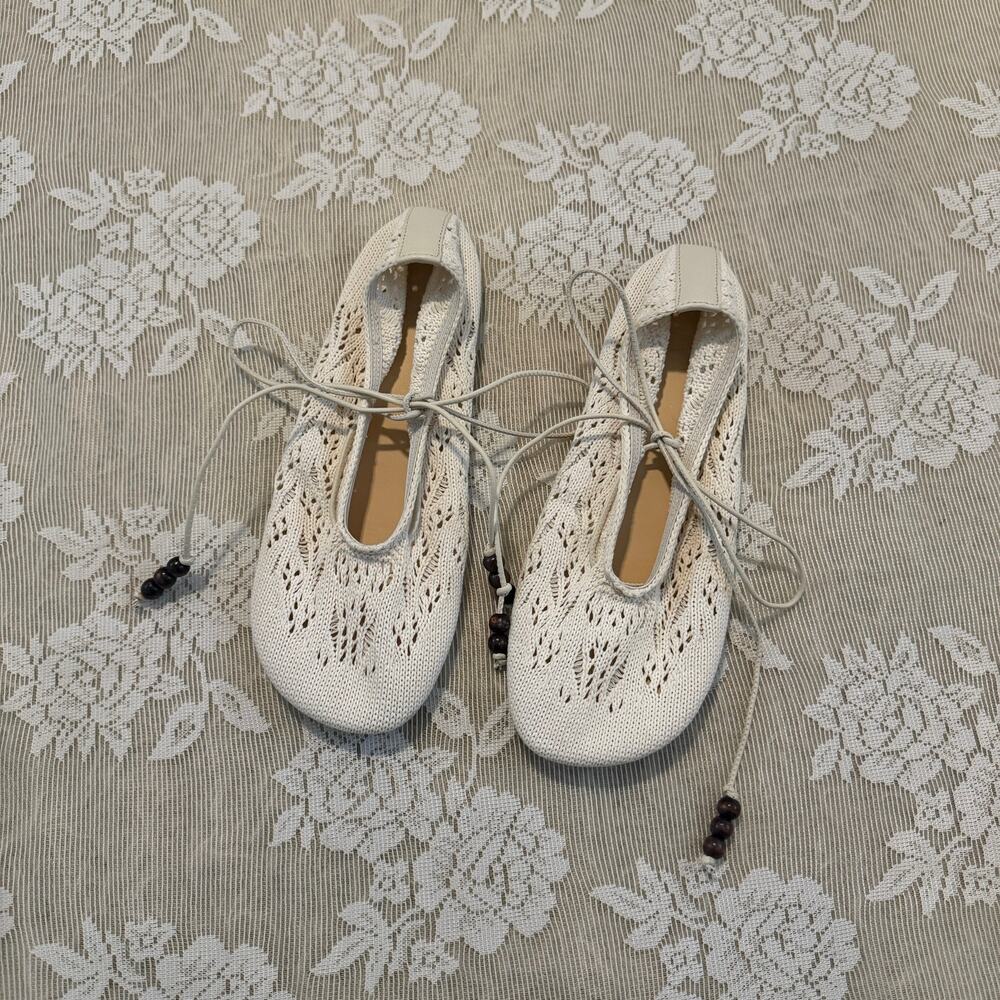 Alohas Cream Crochet Lace-Up Ballet Flats Size 39